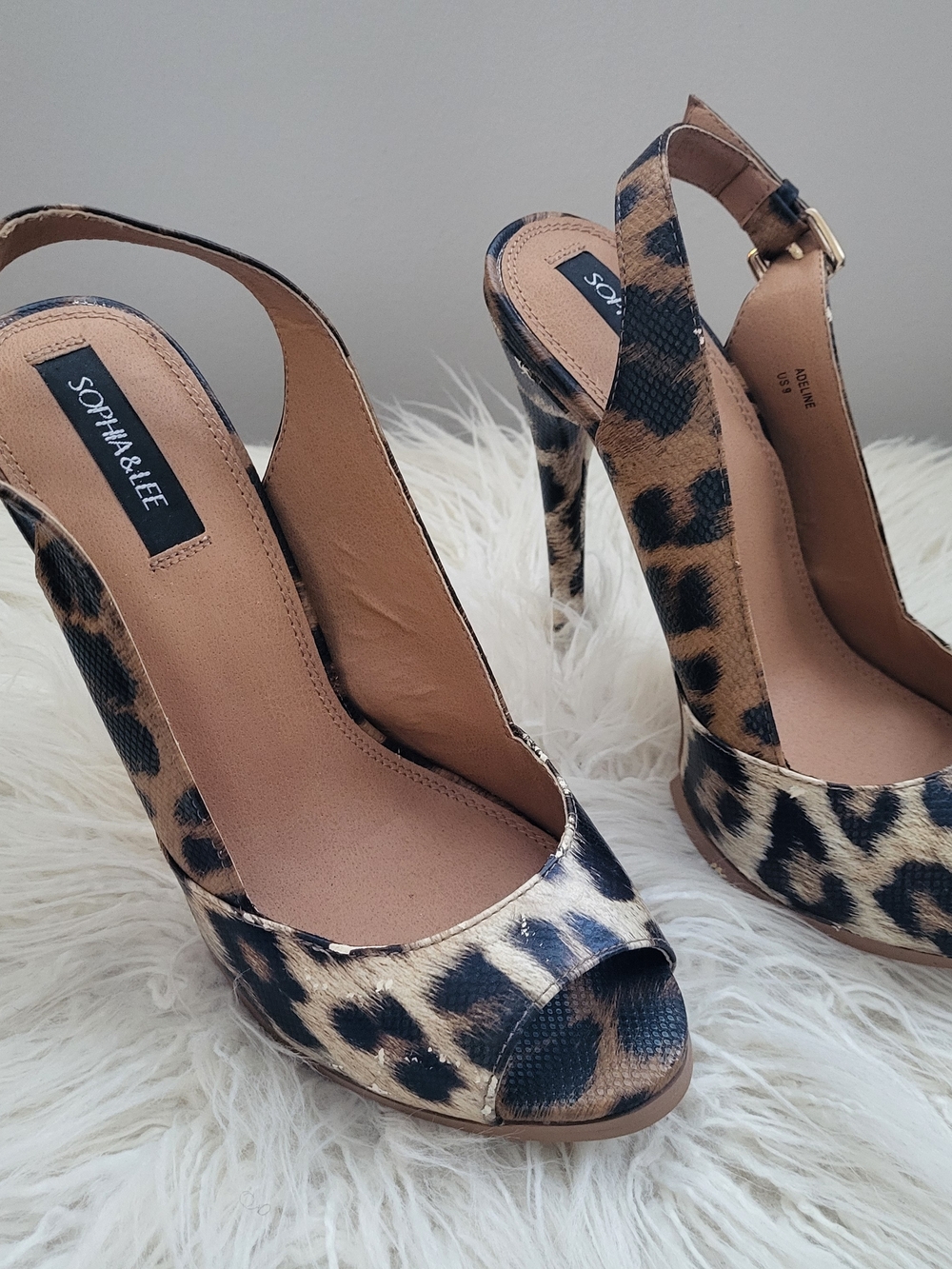 Sophia & Lee Leopard Print Peep-Toe Slingback Heels - Tan/Black
